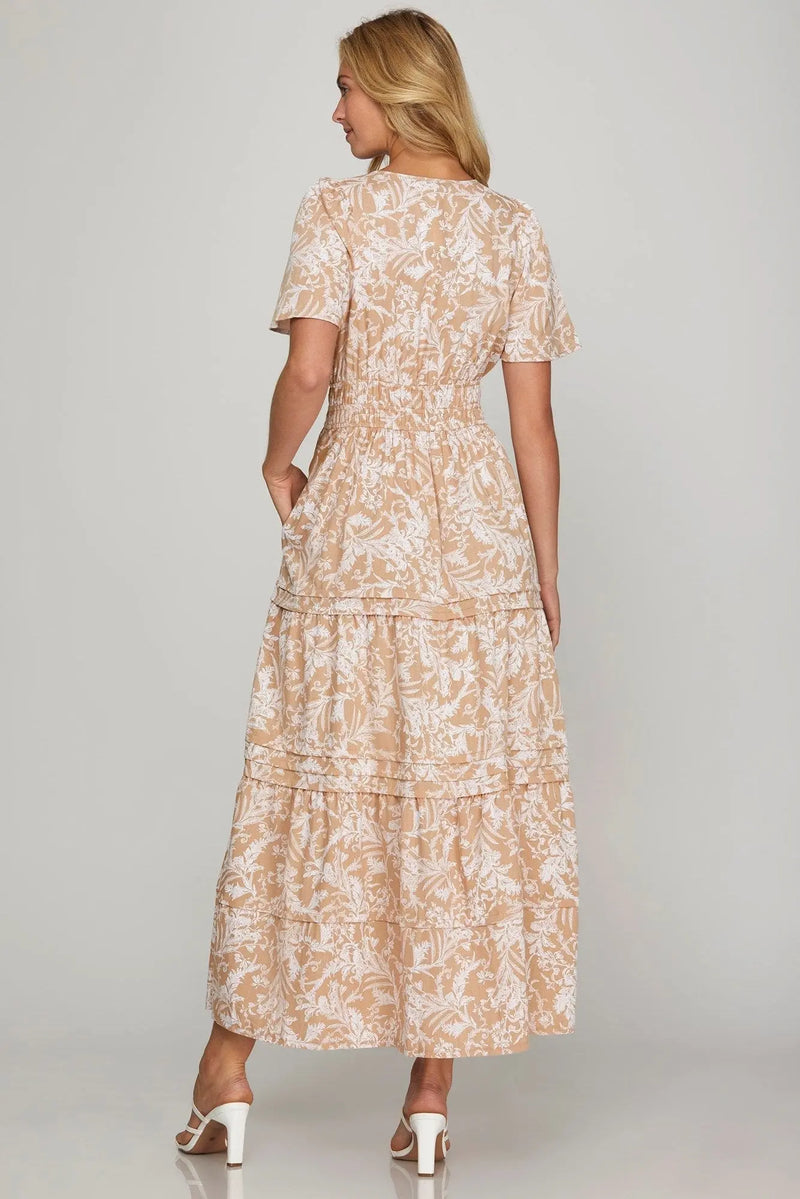 Trendsi Swimwear She + Sky Printed Notched Woven Tiered Pintuck Maxi Dress with Side Pockets She + Sky Printed Notched Woven Tiered Pintuck Maxi Dress with Side Pockets