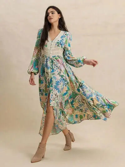 Trendsi Dress Multicolor / S Slit Printed V-Neck Long Sleeve Midi Dress Slit Printed V-Neck Long Sleeve Midi Dress
