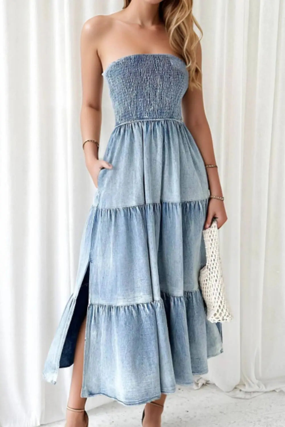 Trendsi Dresses Light Blue / S Smocked Tube Slit Tiered Denim Dress Smocked Tube Slit Tiered Denim Dress