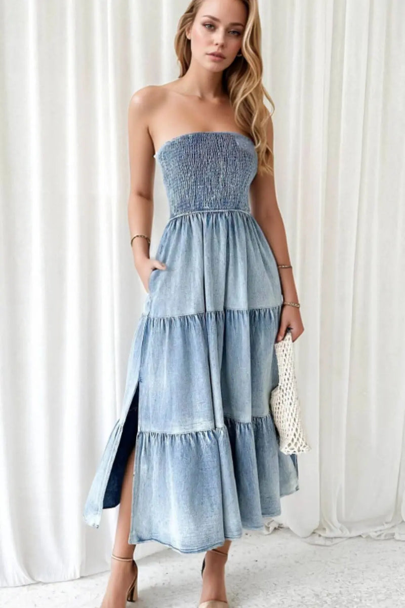 Trendsi Dresses Smocked Tube Slit Tiered Denim Dress Smocked Tube Slit Tiered Denim Dress