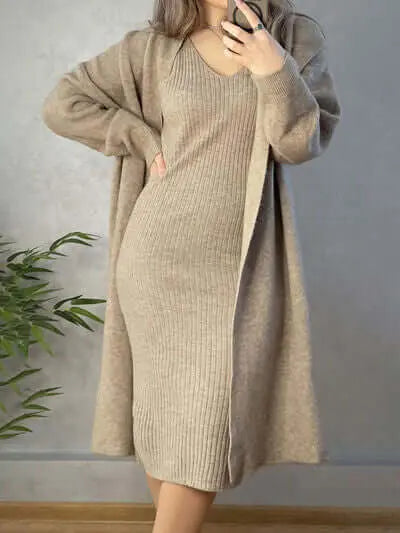 Trendsi Dresses V-Neck Cami Dress and Open Front Cardigan Sweater Set V-Neck Cami Dress and Open Front Cardigan Sweater Set