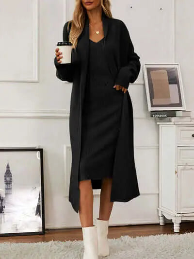 Trendsi Dresses Black / One Size V-Neck Cami Dress and Open Front Cardigan Sweater Set V-Neck Cami Dress and Open Front Cardigan Sweater Set