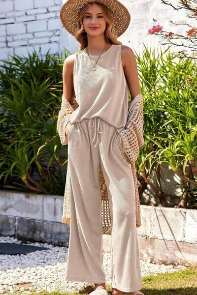 Trendsi Jumpsuits Dust Storm / S Waffle-Knit Round Neck Tank and Pants Set Waffle-Knit Round Neck Tank and Pants Set