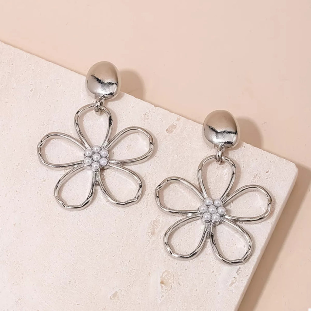 Alloy Flower Drop Earrings - Silver by Trendsi from FREYA’S CLOSET
