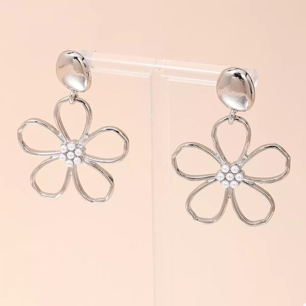 Alloy Flower Drop Earrings - Silver by Trendsi from FREYA’S CLOSET