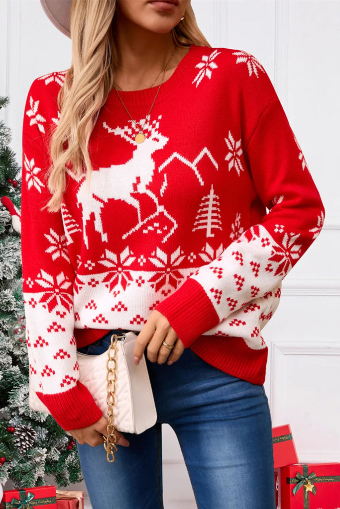 Angel Wings Deer Pattern Round Neck Long Sleeve Sweater - Red by Trendsi from FREYA’S CLOSET