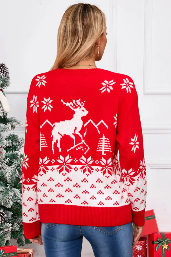 Angel Wings Deer Pattern Round Neck Long Sleeve Sweater - Red by Trendsi from FREYA’S CLOSET