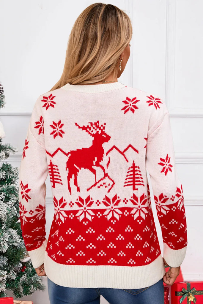 Angel Wings Deer Pattern Round Neck Long Sleeve Sweater - White by Trendsi from FREYA’S CLOSET