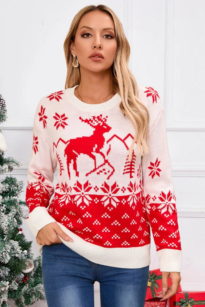 Angel Wings Deer Pattern Round Neck Long Sleeve Sweater - White by Trendsi from FREYA’S CLOSET