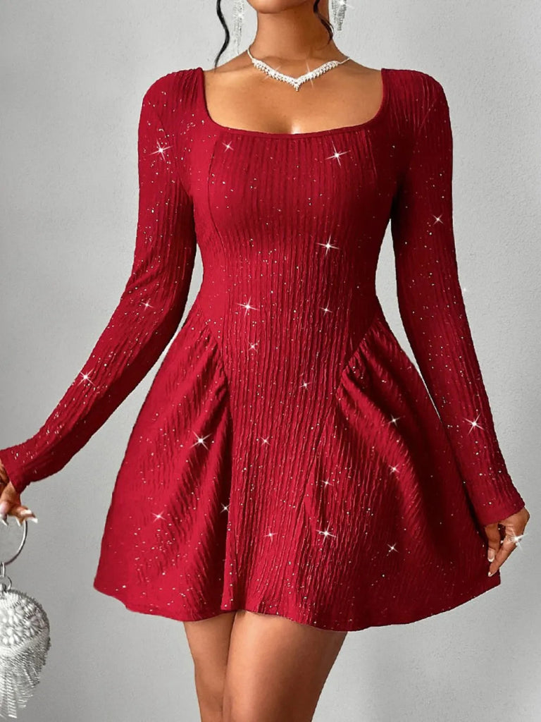 Backless Glitter Square Neck Long Sleeve Mini Dress - Deep Red by Trendsi from FREYA’S CLOSET