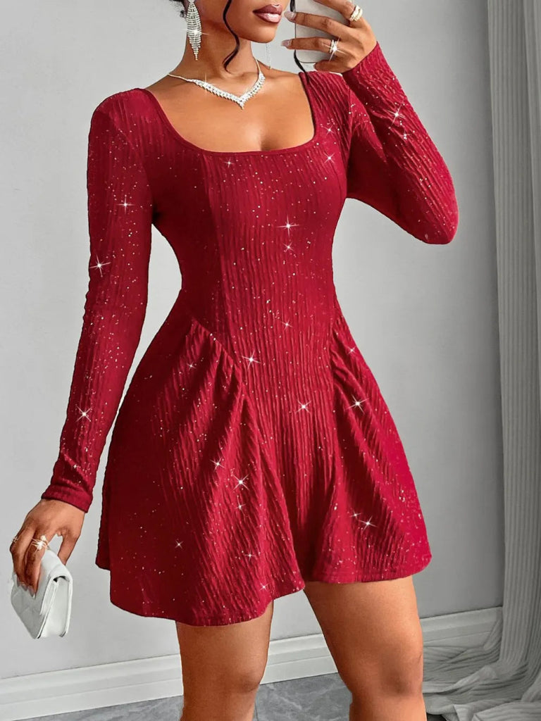Backless Glitter Square Neck Long Sleeve Mini Dress - Deep Red by Trendsi from FREYA’S CLOSET