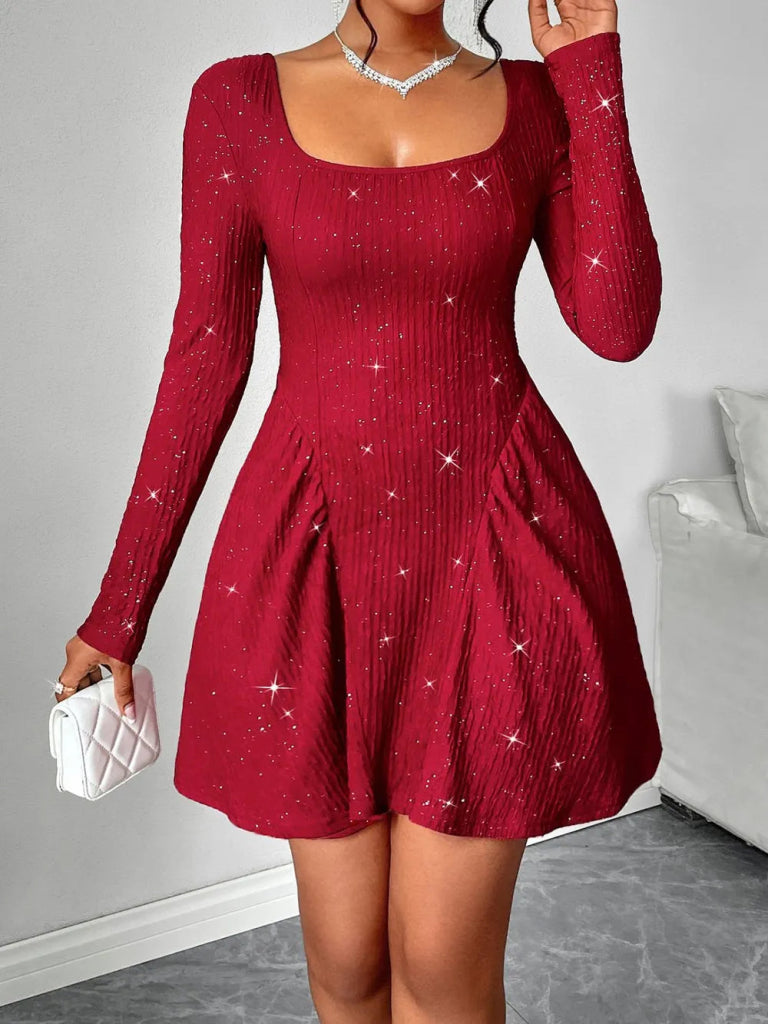 Backless Glitter Square Neck Long Sleeve Mini Dress - Deep Red by Trendsi from FREYA’S CLOSET