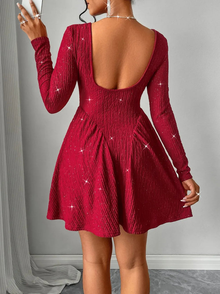 Backless Glitter Square Neck Long Sleeve Mini Dress - Deep Red by Trendsi from FREYA’S CLOSET