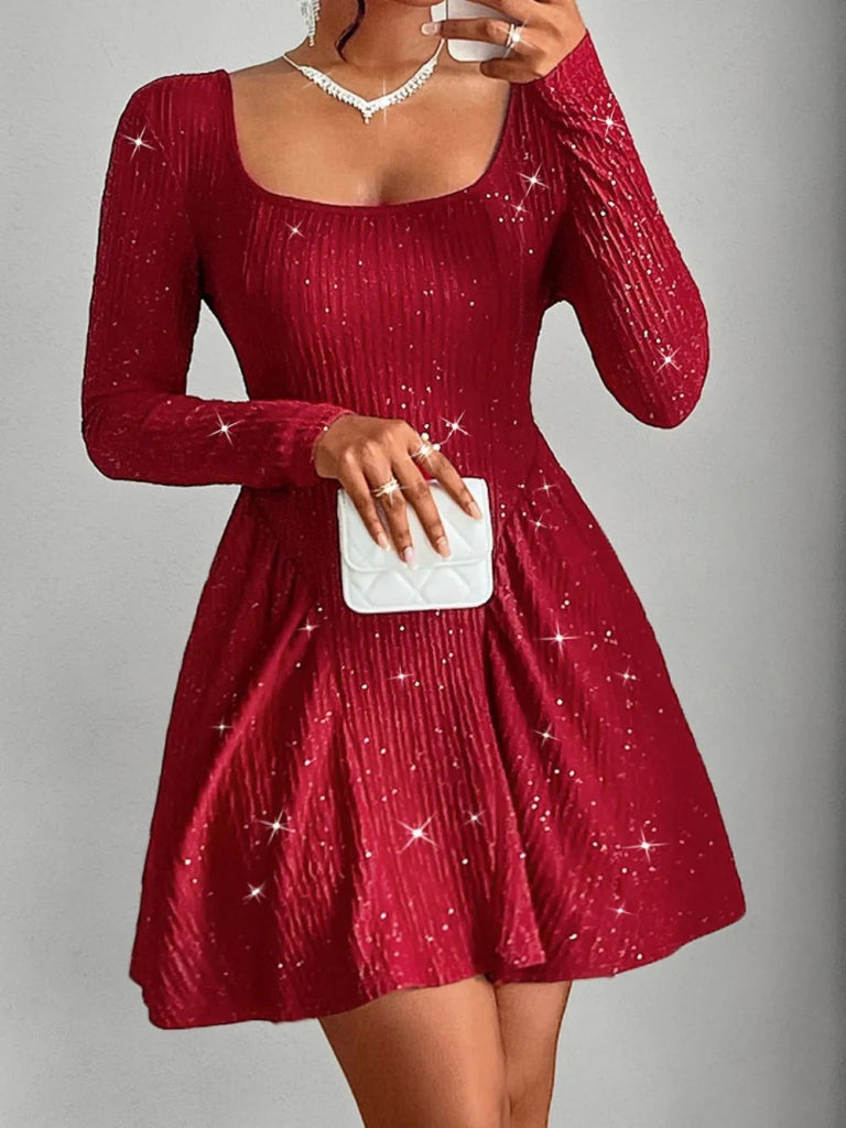 Backless Glitter Square Neck Long Sleeve Mini Dress - Deep Red by Trendsi from FREYA’S CLOSET