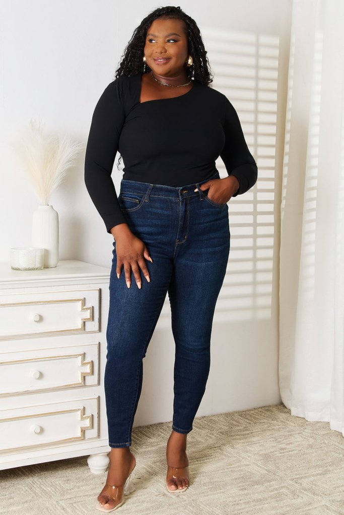 Basic Bae Asymmetrical Neck Long Sleeve Top - Black by Trendsi from FREYA’S CLOSET