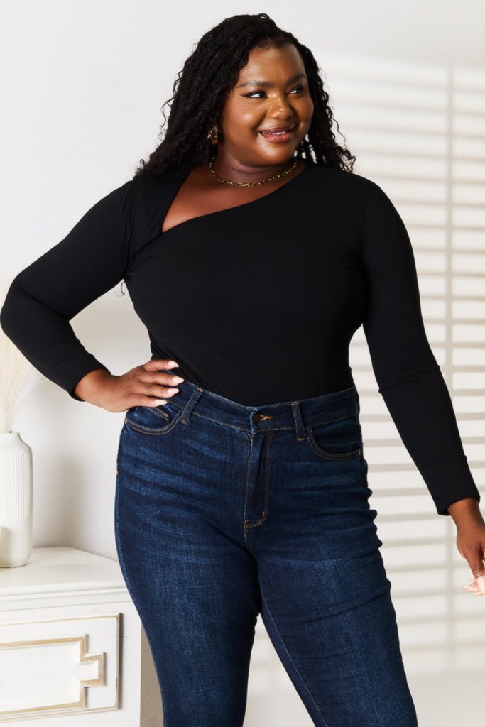Basic Bae Asymmetrical Neck Long Sleeve Top - Black by Trendsi from FREYA’S CLOSET
