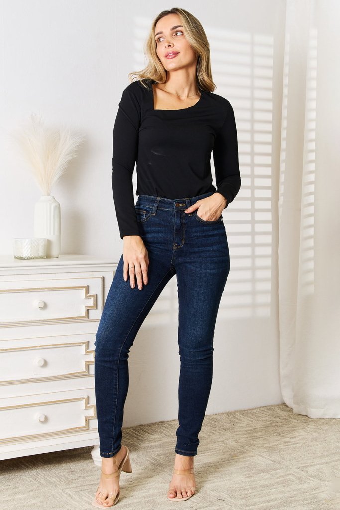 Basic Bae Asymmetrical Neck Long Sleeve Top - Black by Trendsi from FREYA’S CLOSET