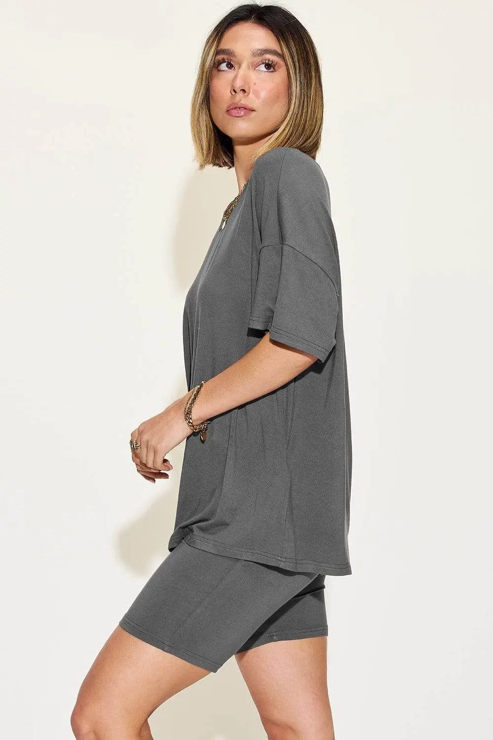 Trendsi Shirts and Blouses Basic Bae Full Size V-Neck Drop Shoulder T-Shirt and Shorts Set