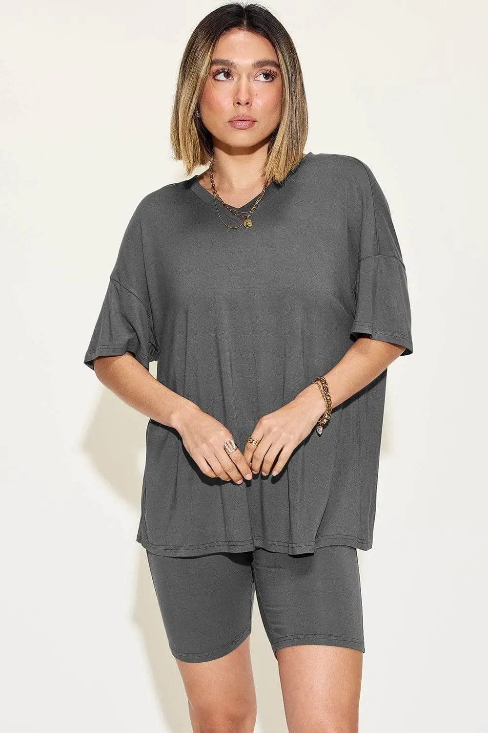 Trendsi Shirts and Blouses Dark Gray / S Basic Bae Full Size V-Neck Drop Shoulder T-Shirt and Shorts Set