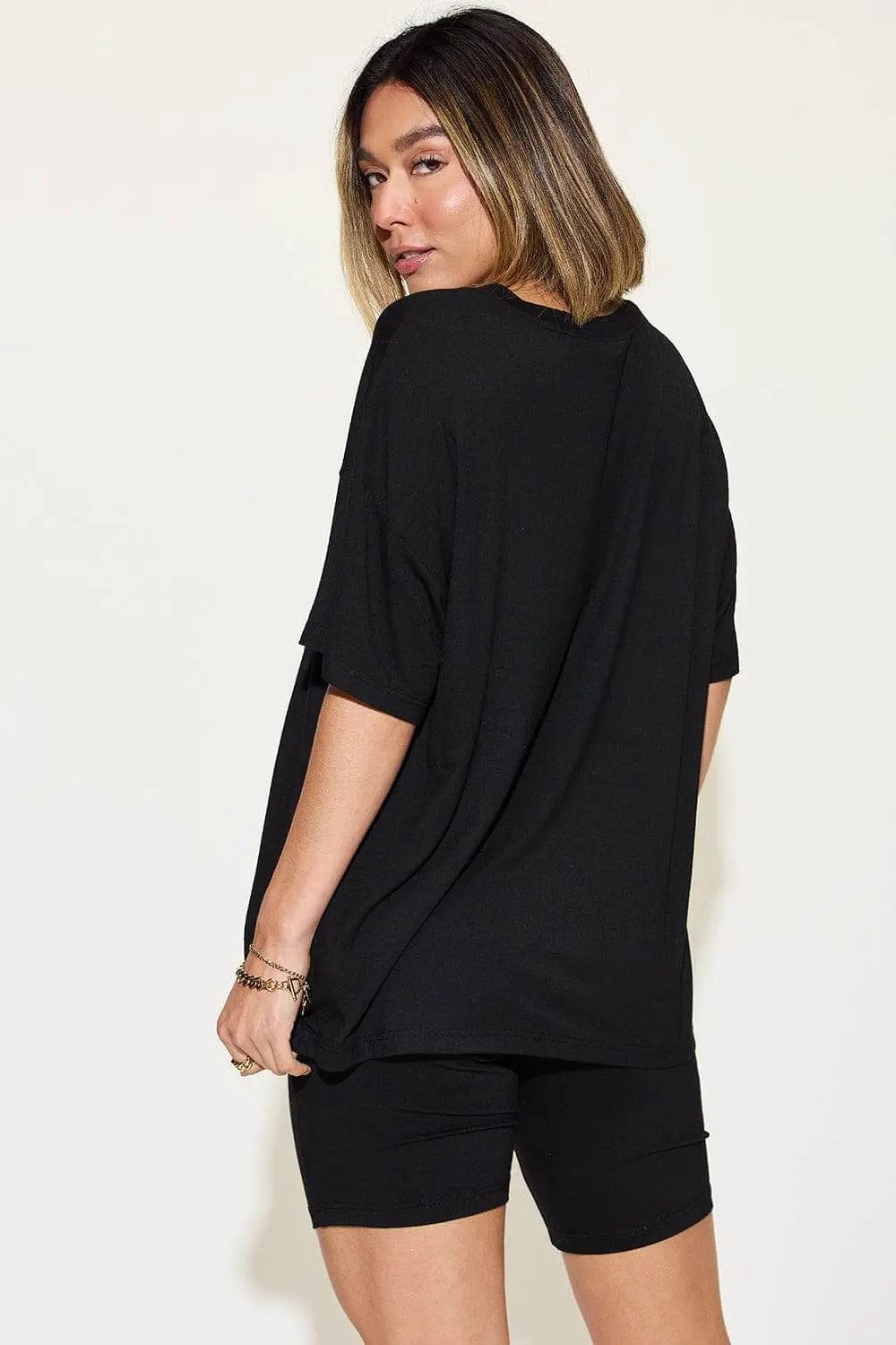 Trendsi Shirts and Blouses Basic Bae Full Size V-Neck Drop Shoulder T-Shirt and Shorts Set