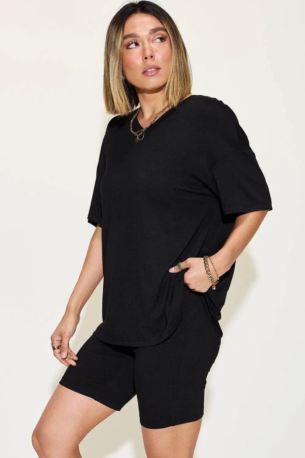 Trendsi Shirts and Blouses Black / S Basic Bae Full Size V-Neck Drop Shoulder T-Shirt and Shorts Set