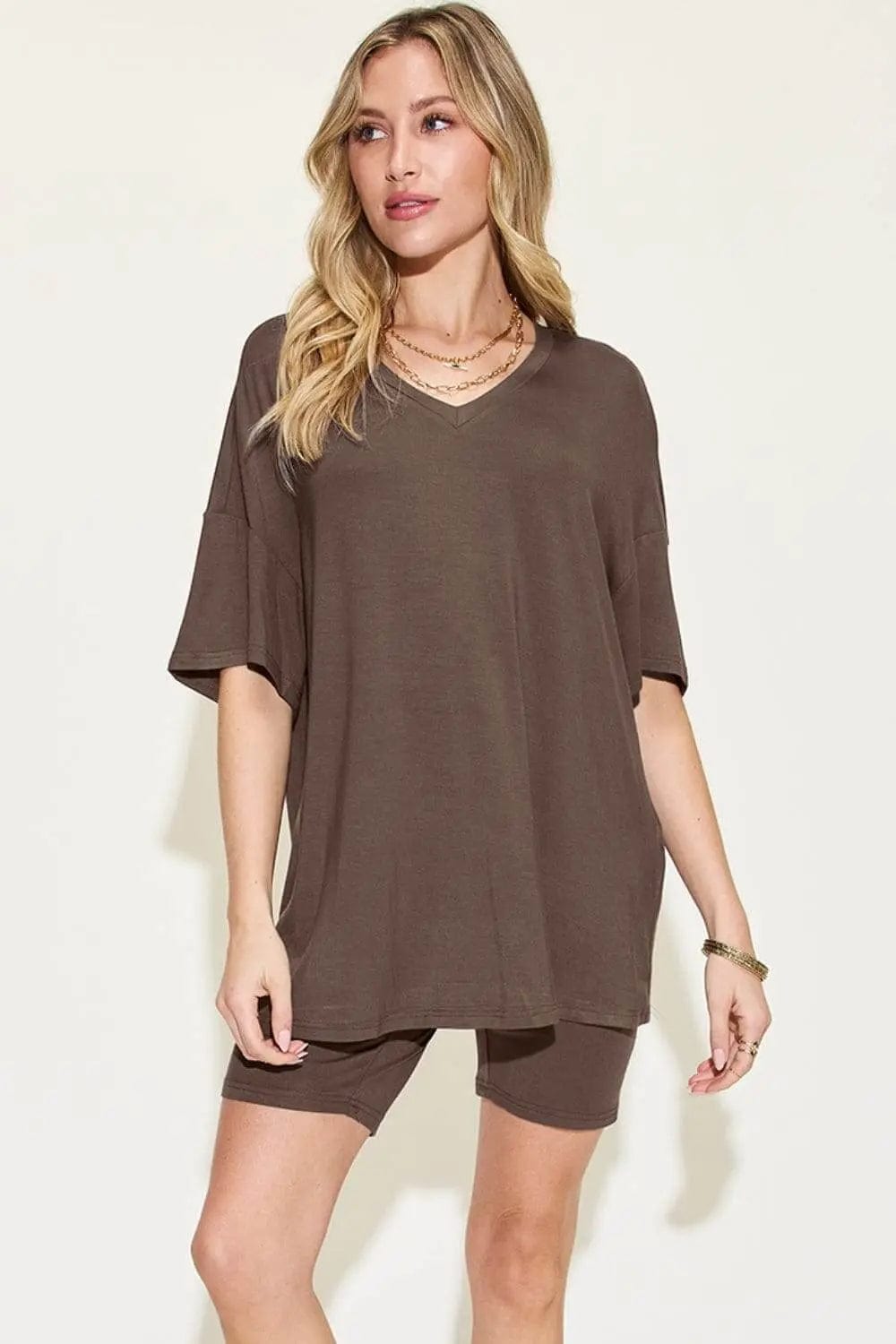 Trendsi Shirts and Blouses Chocolate / S Basic Bae Full Size V-Neck Drop Shoulder T-Shirt and Shorts Set