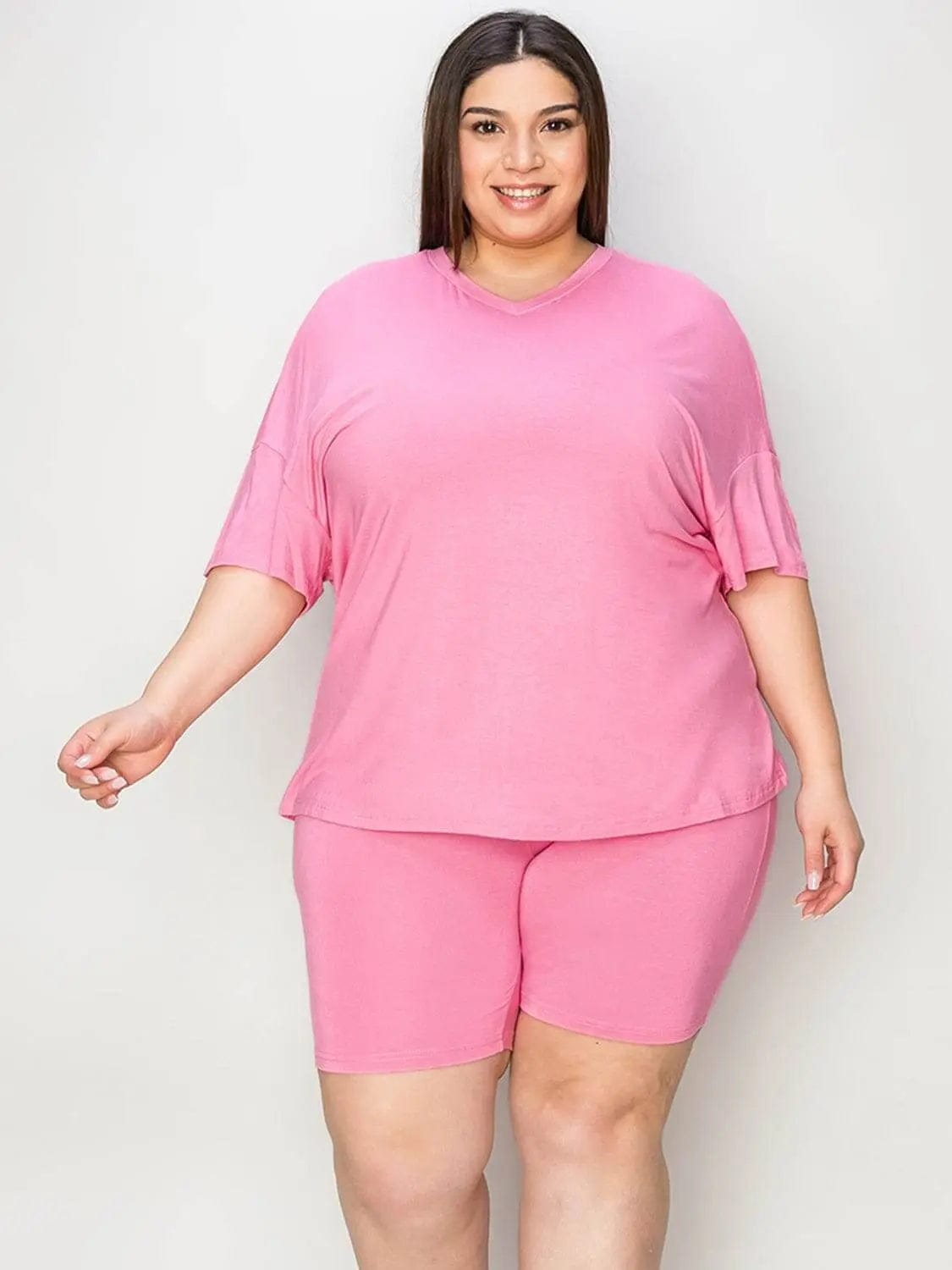 Trendsi Shirts and Blouses Basic Bae Full Size V-Neck Drop Shoulder T-Shirt and Shorts Set