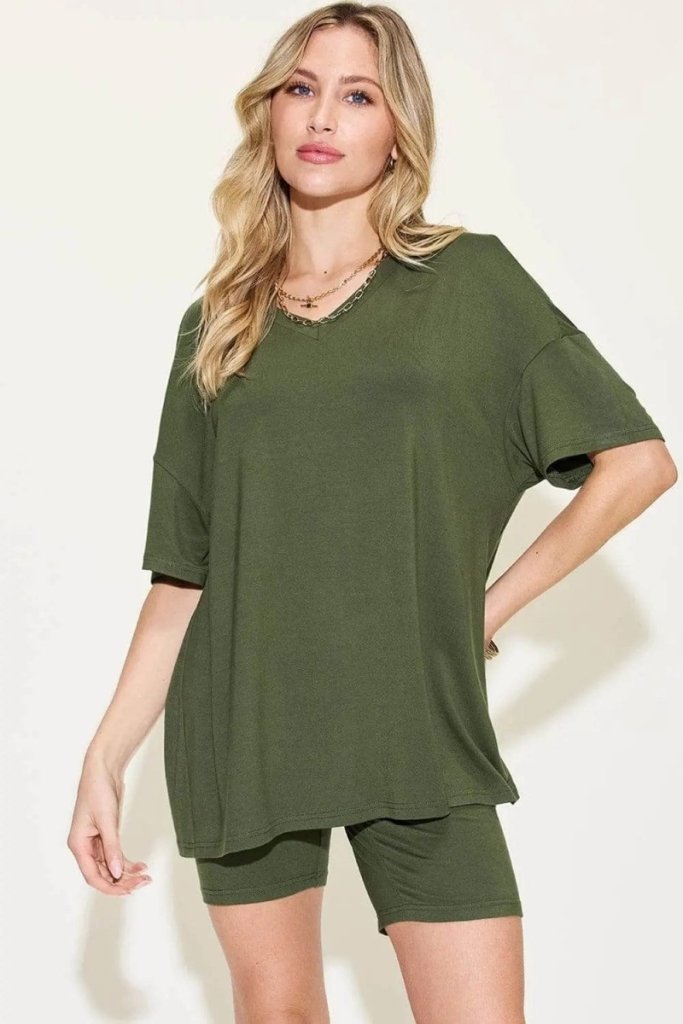 Basic Bae Full Size V - Neck Drop Shoulder T-Shirt and Shorts Set - Matcha Green by Trendsi from FREYA’S CLOSET