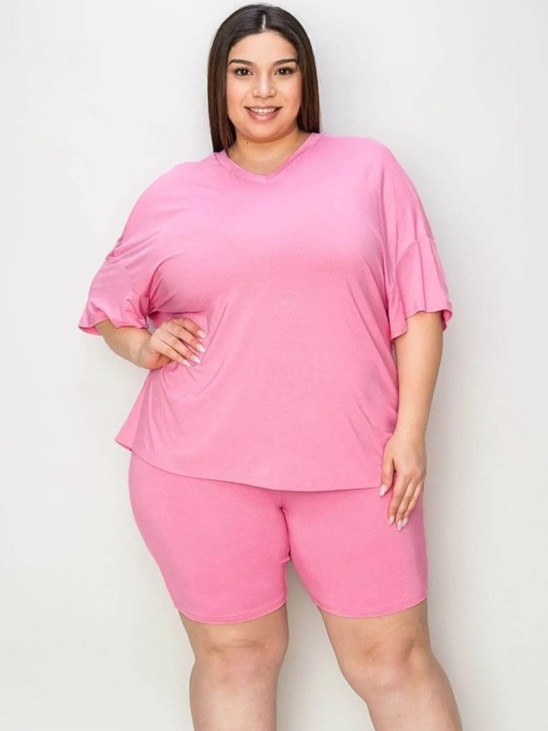 Basic Bae Full Size V - Neck Drop Shoulder T-Shirt and Shorts Set - Pink by Trendsi from FREYA’S CLOSET