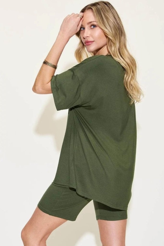 Basic Bae Full Size V - Neck Drop Shoulder T-Shirt and Shorts Set - Matcha Green by Trendsi from FREYA’S CLOSET