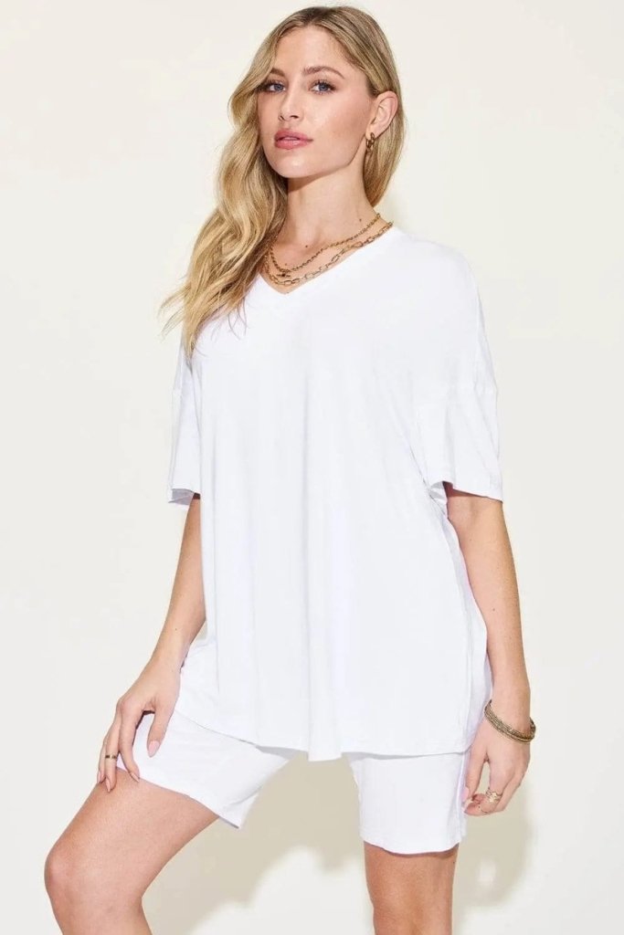 Basic Bae Full Size V - Neck Drop Shoulder T-Shirt and Shorts Set - White by Trendsi from FREYA’S CLOSET