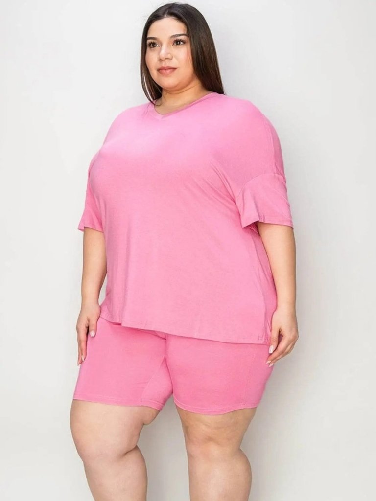Basic Bae Full Size V - Neck Drop Shoulder T-Shirt and Shorts Set - Pink by Trendsi from FREYA’S CLOSET