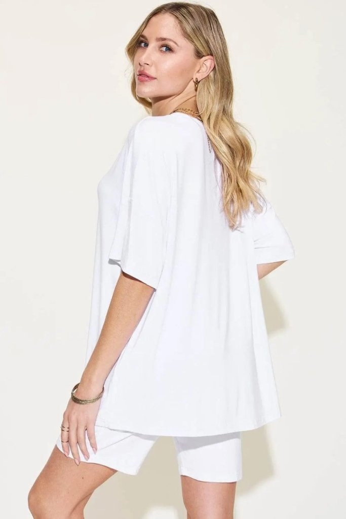 Basic Bae Full Size V - Neck Drop Shoulder T-Shirt and Shorts Set - White by Trendsi from FREYA’S CLOSET