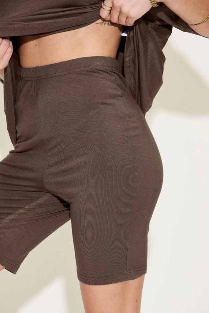 Basic Bae Full Size V - Neck Drop Shoulder T-Shirt and Shorts Set - Chocolate by Trendsi from FREYA’S CLOSET