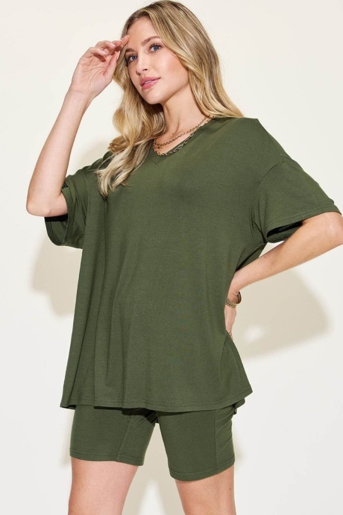 Basic Bae Full Size V - Neck Drop Shoulder T-Shirt and Shorts Set - Matcha Green by Trendsi from FREYA’S CLOSET