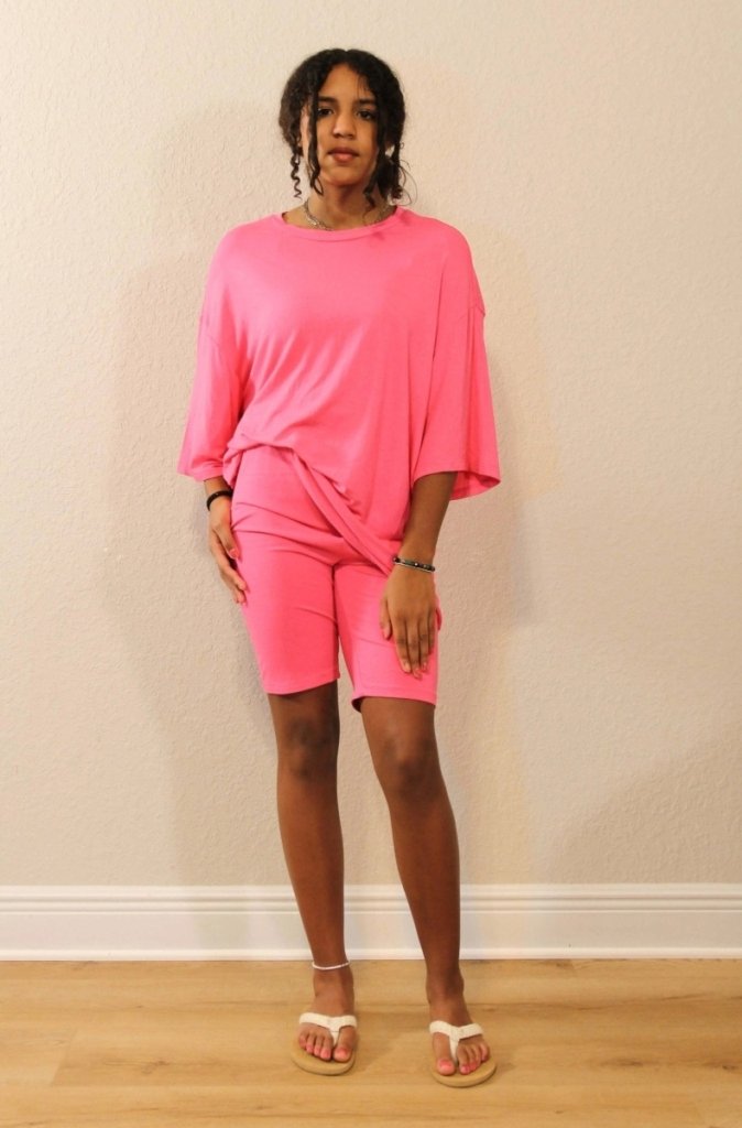 Basic Bae Full Size V - Neck Drop Shoulder T-Shirt and Shorts Set - Pink by Trendsi from FREYA’S CLOSET