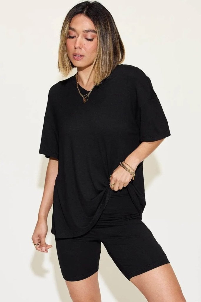 Basic Bae Full Size V - Neck Drop Shoulder T-Shirt and Shorts Set - Black by Trendsi from FREYA’S CLOSET