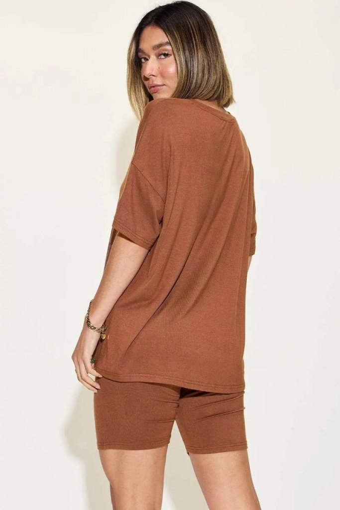 Basic Bae Full Size V - Neck Drop Shoulder T-Shirt and Shorts Set - Brown by Trendsi from FREYA’S CLOSET