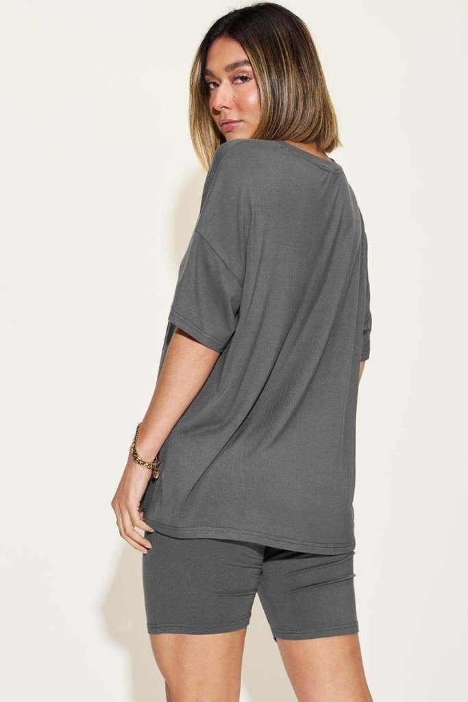 Basic Bae Full Size V - Neck Drop Shoulder T-Shirt and Shorts Set - Dark Gray by Trendsi from FREYA’S CLOSET