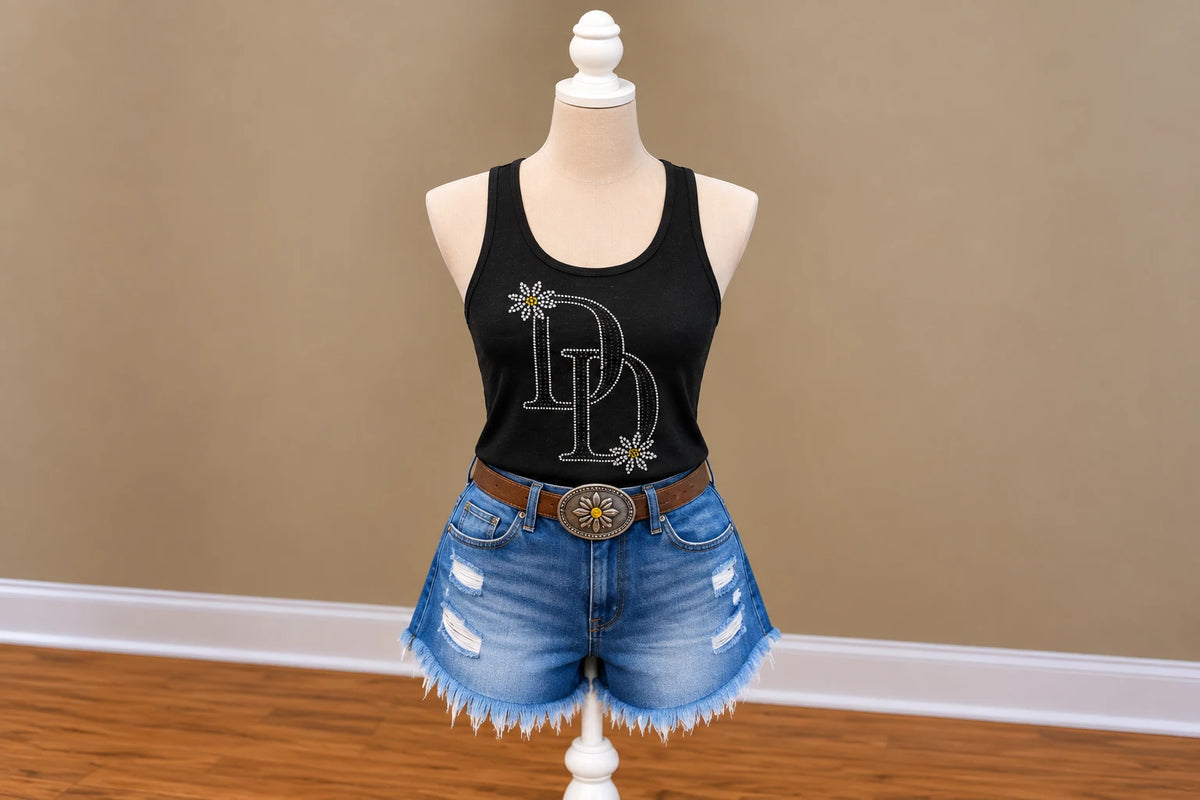 Black BELLA+CANVAS 1080 women's baby rib tank with rhinestone DD design styled with denim shorts