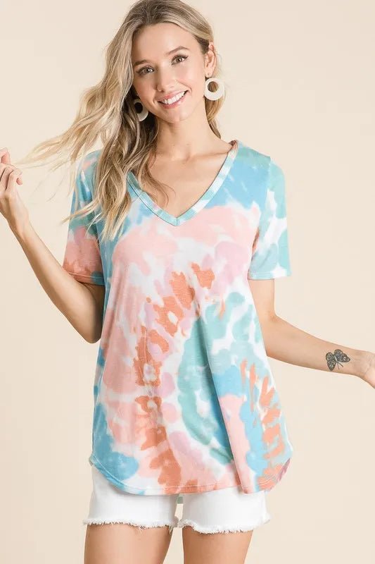 BiBi Circular Tie Dye Print V Neck Top - PINK/MINT by Trendsi from FREYA’S CLOSET