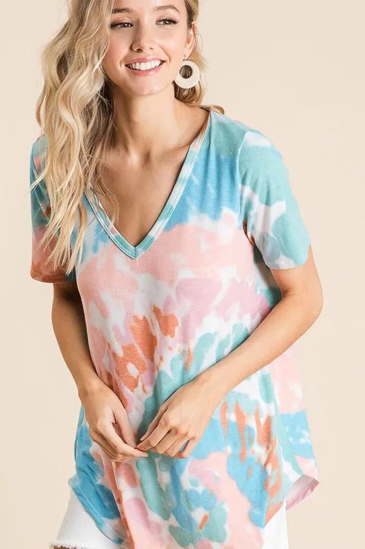 BiBi Circular Tie Dye Print V Neck Top - PINK/MINT by Trendsi from FREYA’S CLOSET