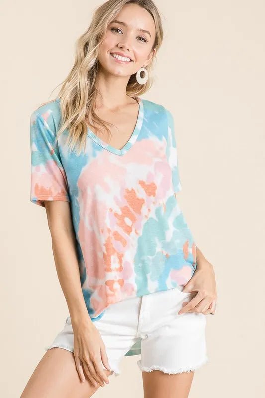 BiBi Circular Tie Dye Print V Neck Top - PINK/MINT by Trendsi from FREYA’S CLOSET