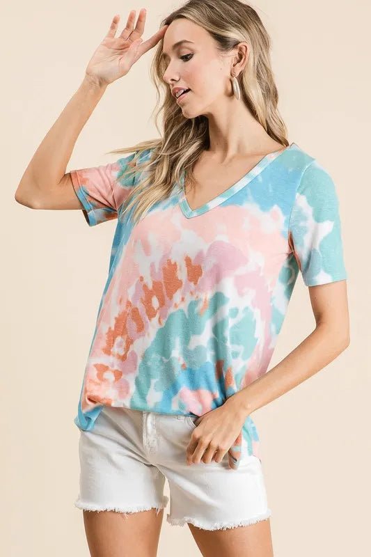 BiBi Circular Tie Dye Print V Neck Top - PINK/MINT by Trendsi from FREYA’S CLOSET