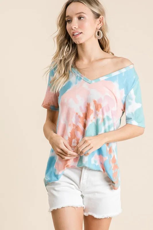 BiBi Circular Tie Dye Print V Neck Top - PINK/MINT by Trendsi from FREYA’S CLOSET
