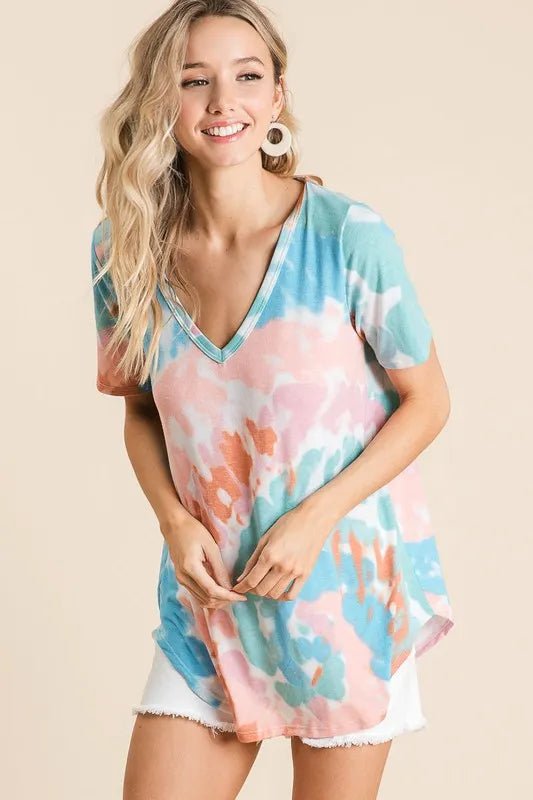 BiBi Circular Tie Dye Print V Neck Top - PINK/MINT by Trendsi from FREYA’S CLOSET