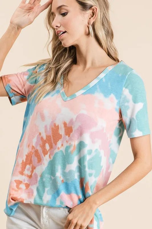 BiBi Circular Tie Dye Print V Neck Top - PINK/MINT by Trendsi from FREYA’S CLOSET