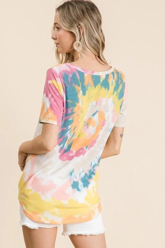 BiBi Circular Tie Dye Print V Neck Top - YELLOW ORANGE by Trendsi from FREYA’S CLOSET