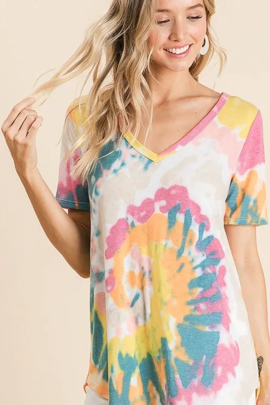 BiBi Circular Tie Dye Print V Neck Top - YELLOW ORANGE by Trendsi from FREYA’S CLOSET