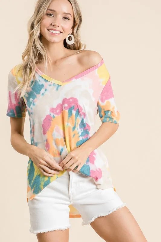 BiBi Circular Tie Dye Print V Neck Top - YELLOW ORANGE by Trendsi from FREYA’S CLOSET